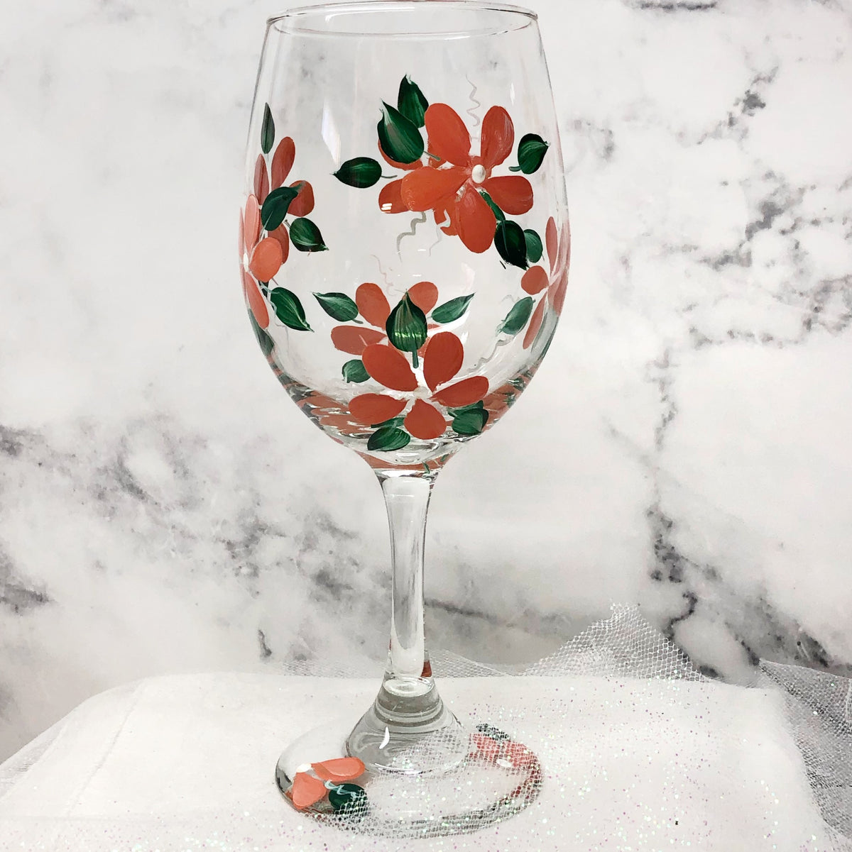 Hand Painted Wine Glasses - Coral Daisies (Set of 2)