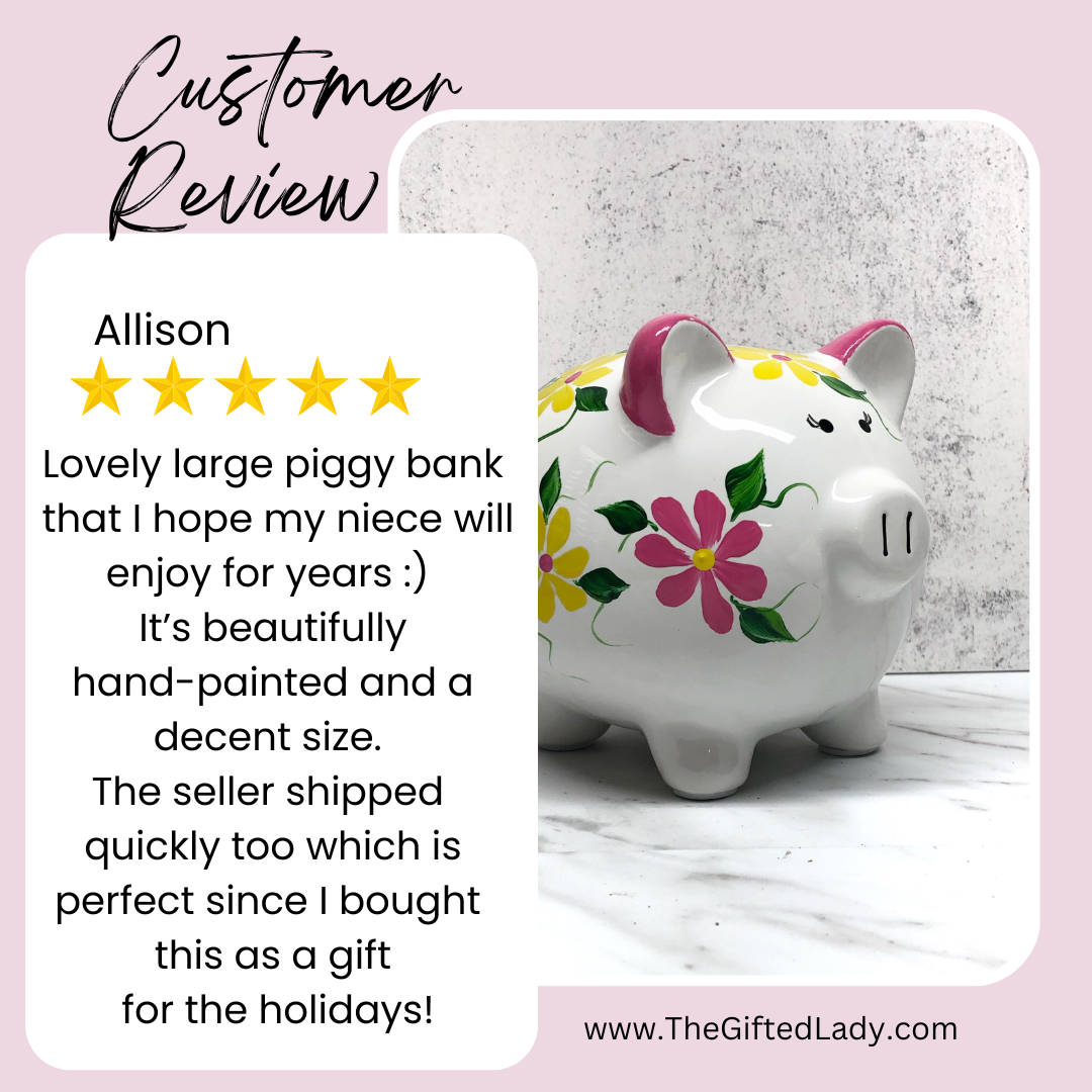 Hand Painted Personalized Red Floral Piggy Bank