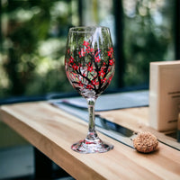 Hand Painted Red Blossoms Stemless Wine Glass (Single Glass)