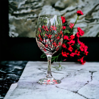 Hand Painted Red Blossoms Stemless Wine Glass (Single Glass)