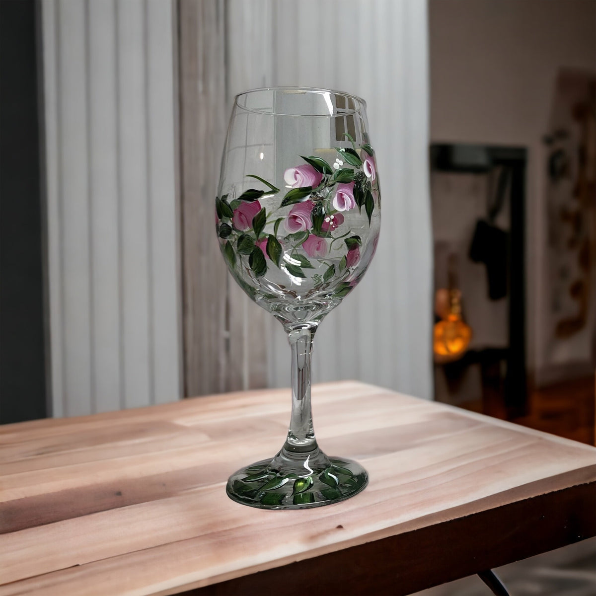 Hand Painted Pink Rosebuds Wine Glass (Single Glass)