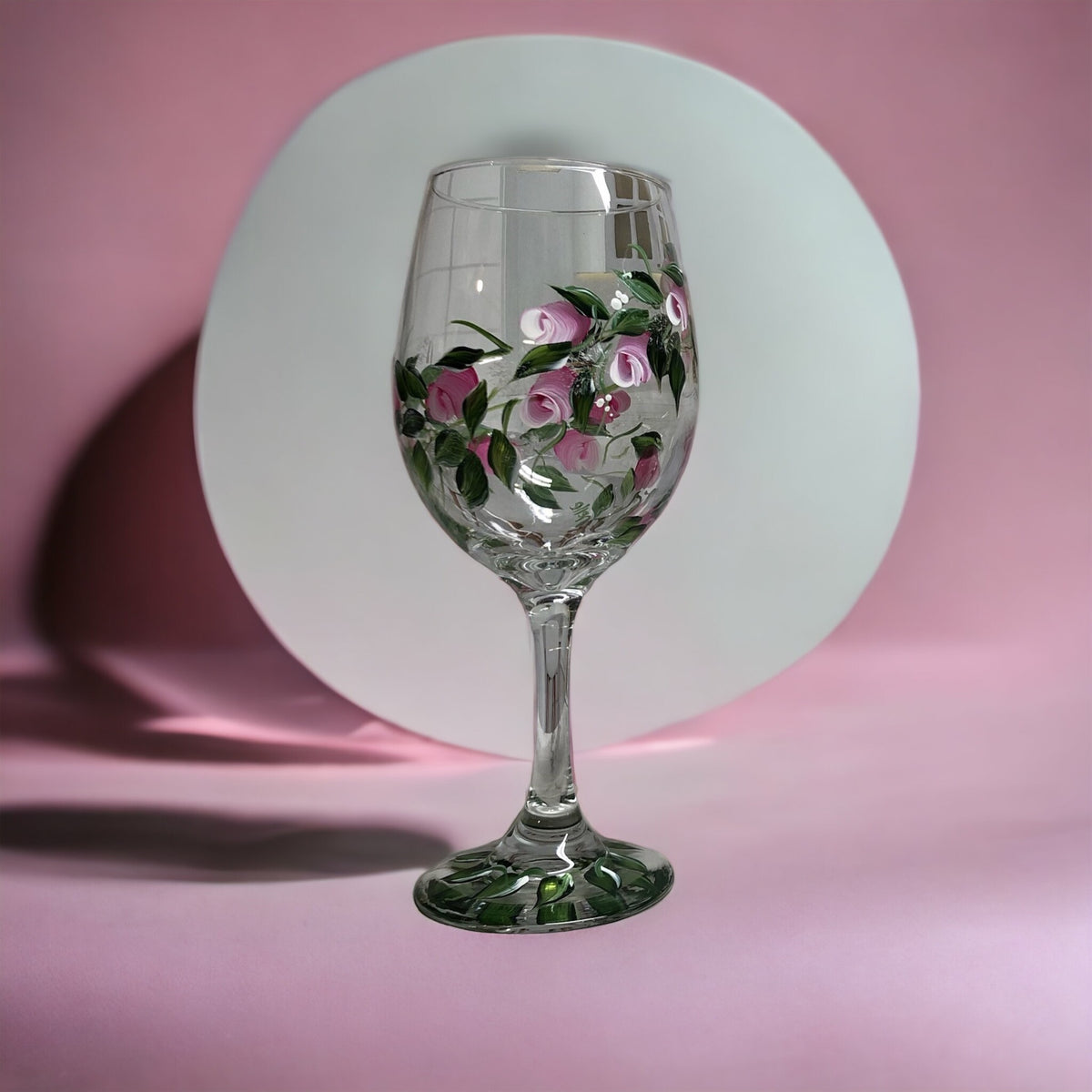 Hand Painted Pink Rosebuds Wine Glass (Single Glass)