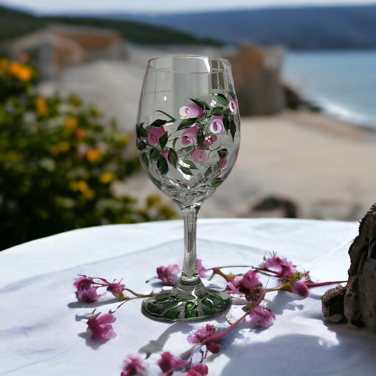 Hand Painted Pink Rosebuds Wine Glass (Single Glass)