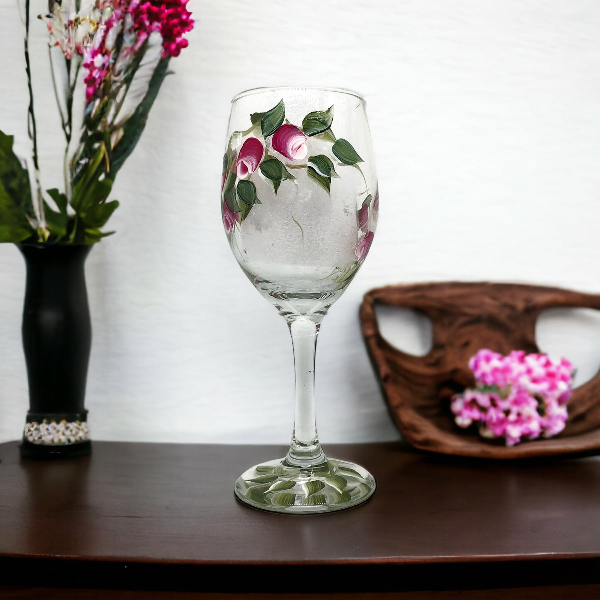 Hand Painted Pink Rosebuds Wine Glass (Single Glass)