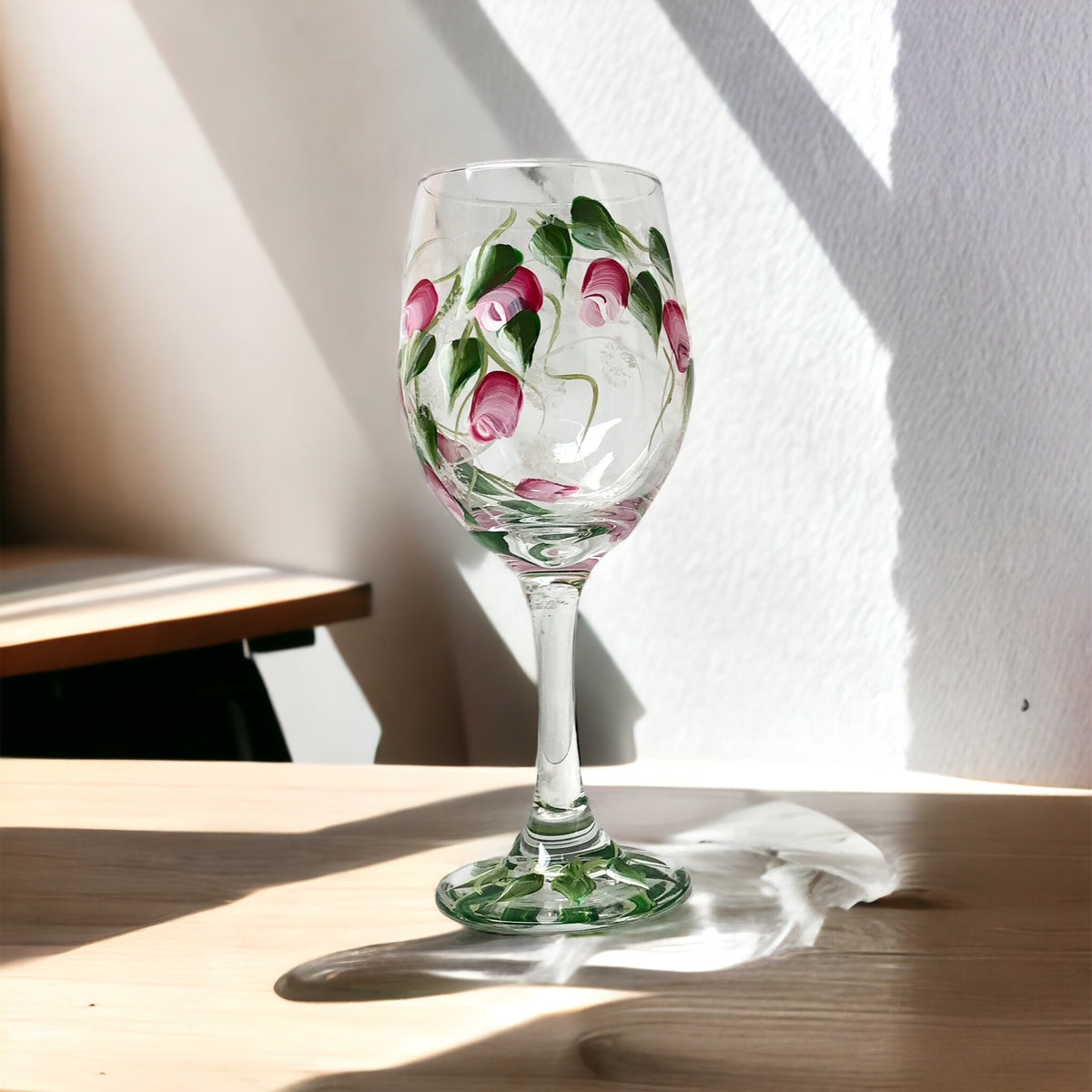 Hand Painted Pink Rosebuds Wine Glass (Single Glass)