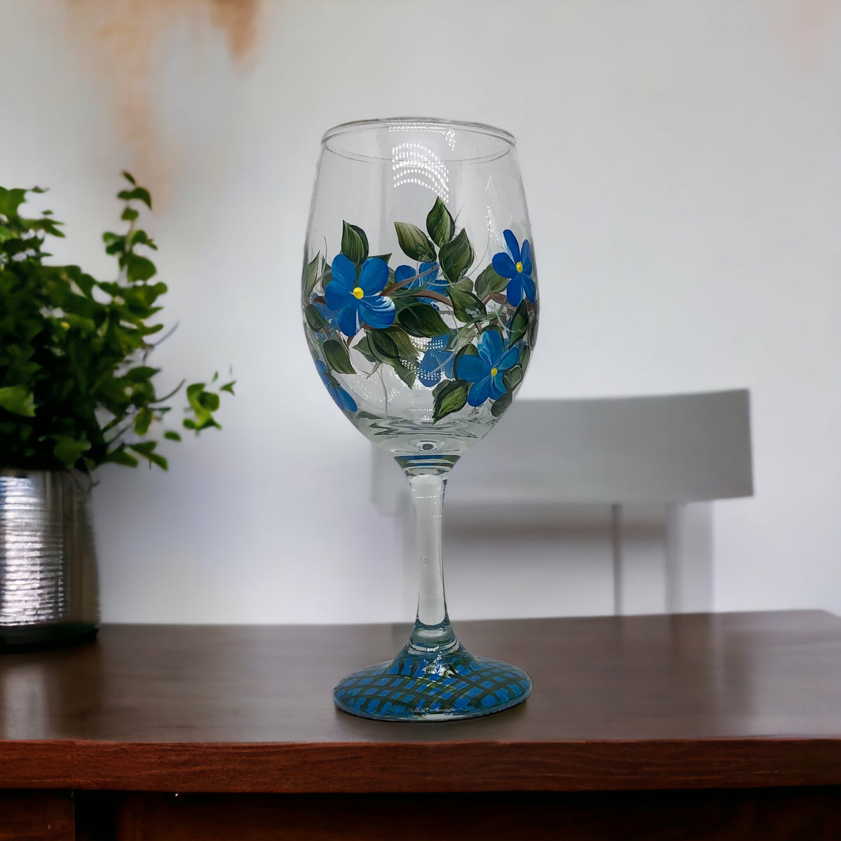 Hand Painted Blue Floral Wine Glasses (Single Glass)