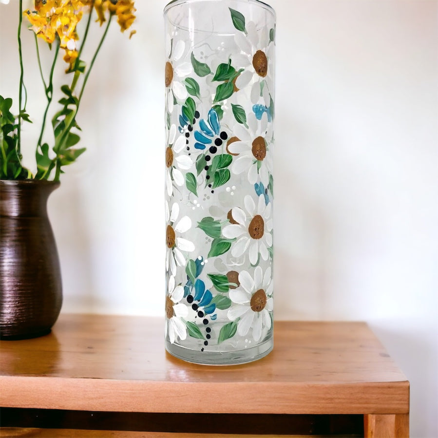 Dragonfly Daisy Floral Painted Vase