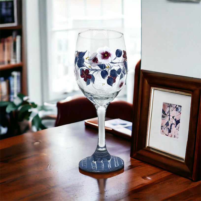 Hand Painted Blue & Burgundy Wine Glass (Single Glass)