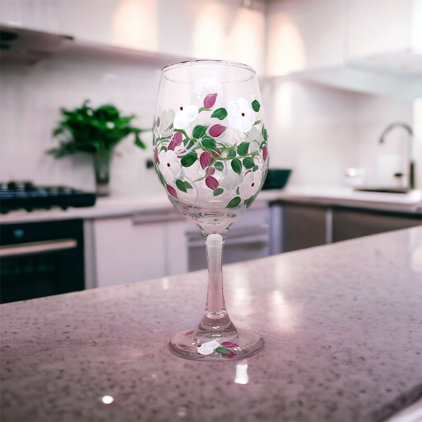 White Flowers Hand Painted Wine Glass (Single)