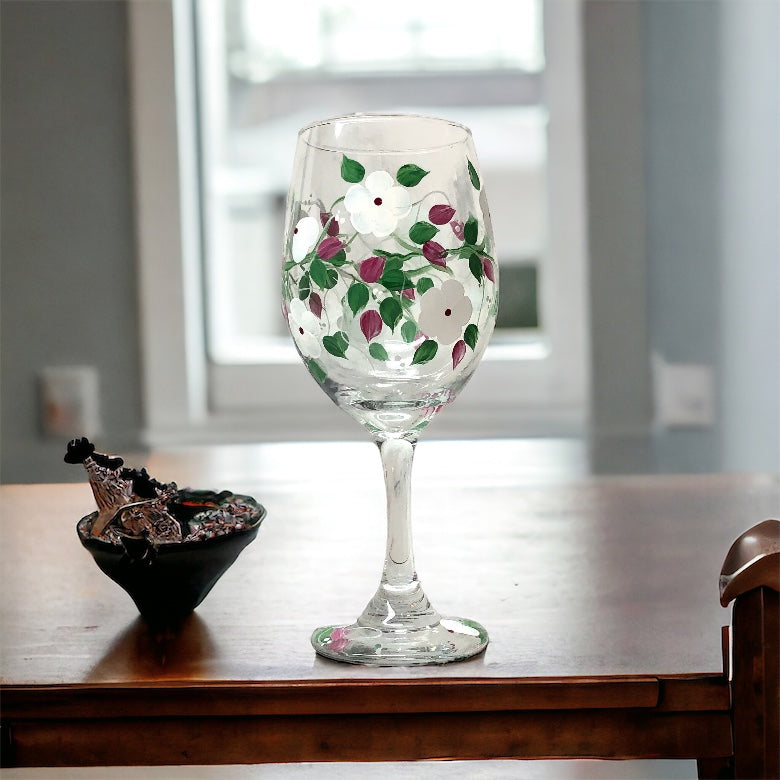 White Flowers Hand Painted Wine Glass (Single)