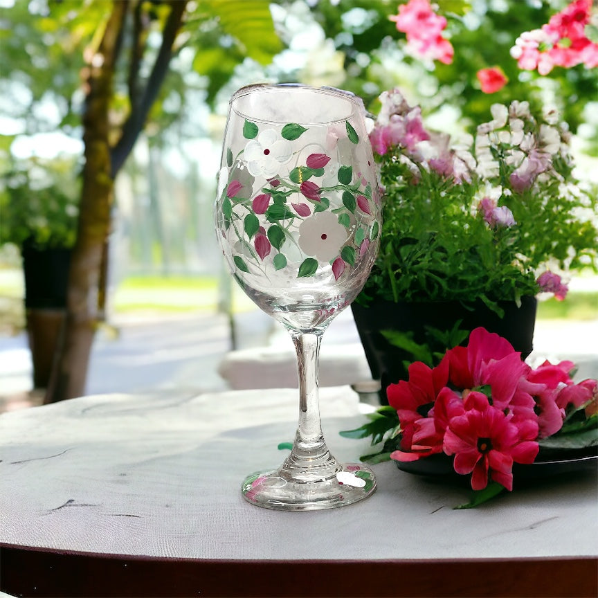 White Flowers Hand Painted Wine Glass (Single)