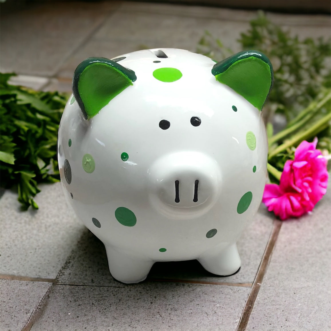 Hand painted & Personalized | Dots and Stripes Piggy Bank | Ceramic | 8