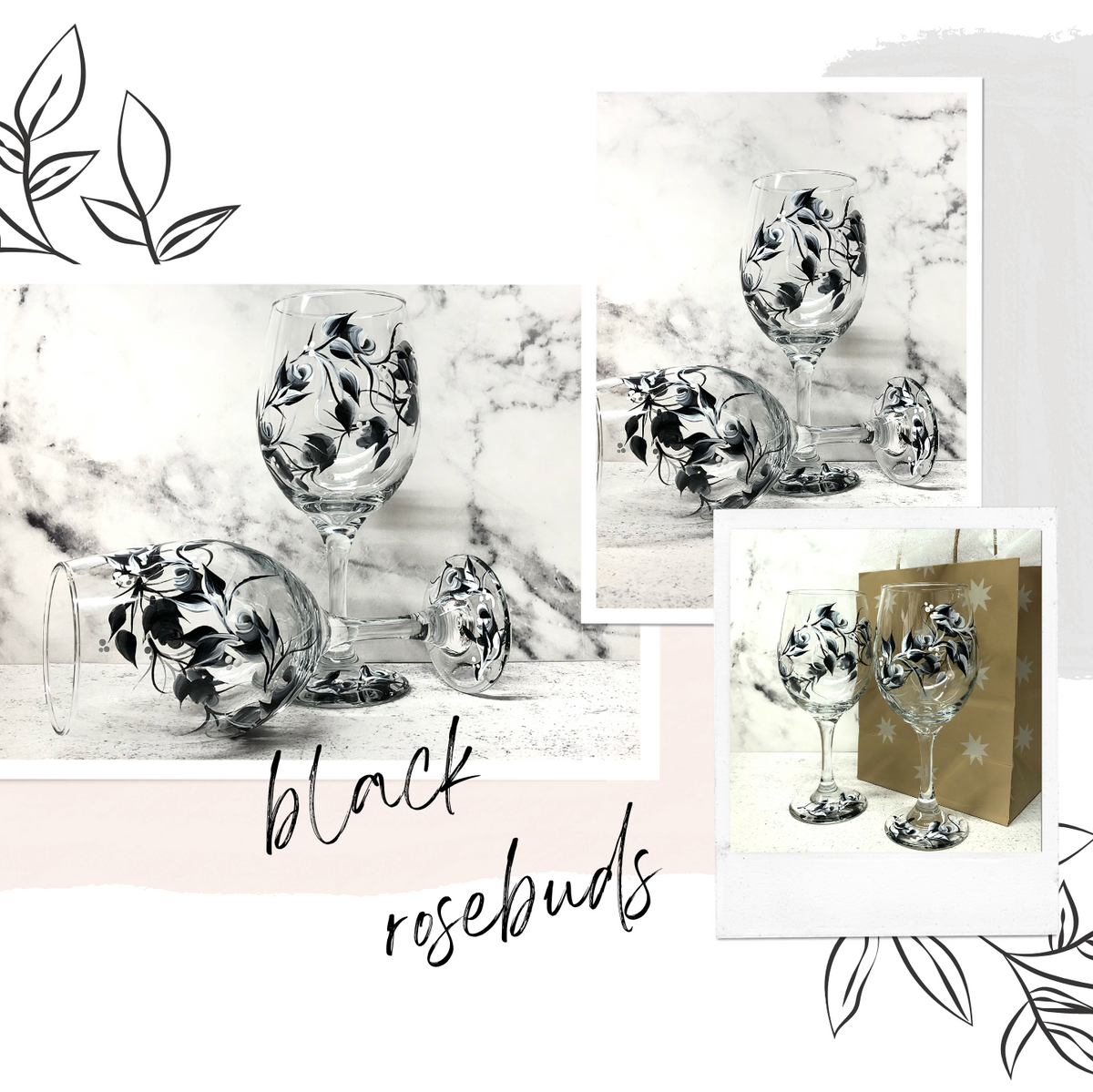 Hand Painted Black Rosebuds Stemless Wine Glasses (Set of 2)