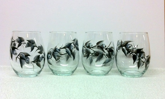 Hand Painted Black Rosebuds Stemless Wine Glasses (Set of 2)