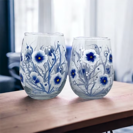 Hand Painted Wine Glasses - Blue and White Flowers (Set of 2)