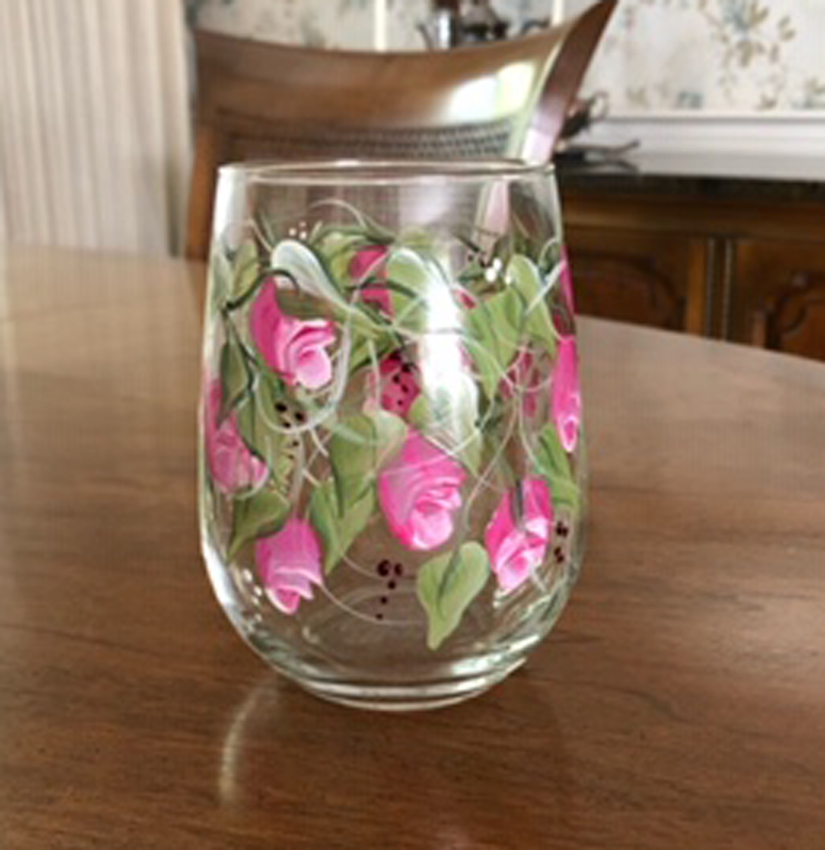 Stemless Pink Rosebud Wine Glass (Single Glass)