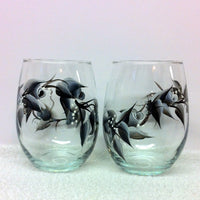 Hand Painted Black Rosebuds Stemless Wine Glasses (Set of 2)