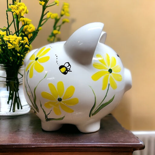 Hand Painted Daisies and Bumble Bees Piggy Bank