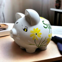 Hand Painted Daisies and Bumble Bees Piggy Bank