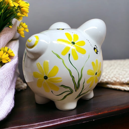 Hand Painted Daisies and Bumble Bees Piggy Bank