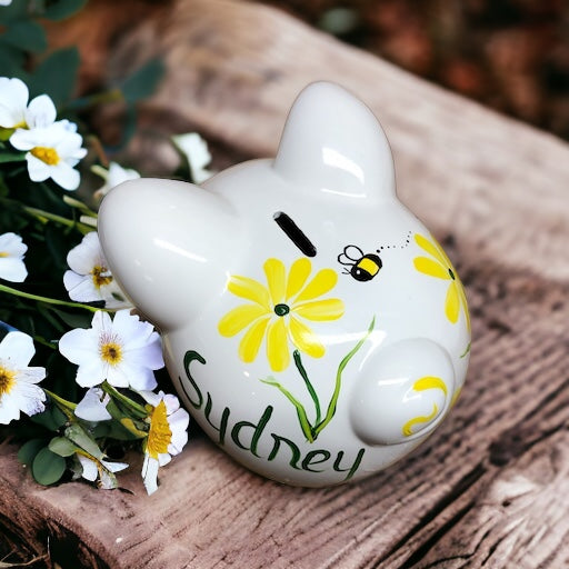 Hand Painted Daisies and Bumble Bees Piggy Bank