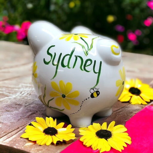 Hand Painted Daisies and Bumble Bees Piggy Bank